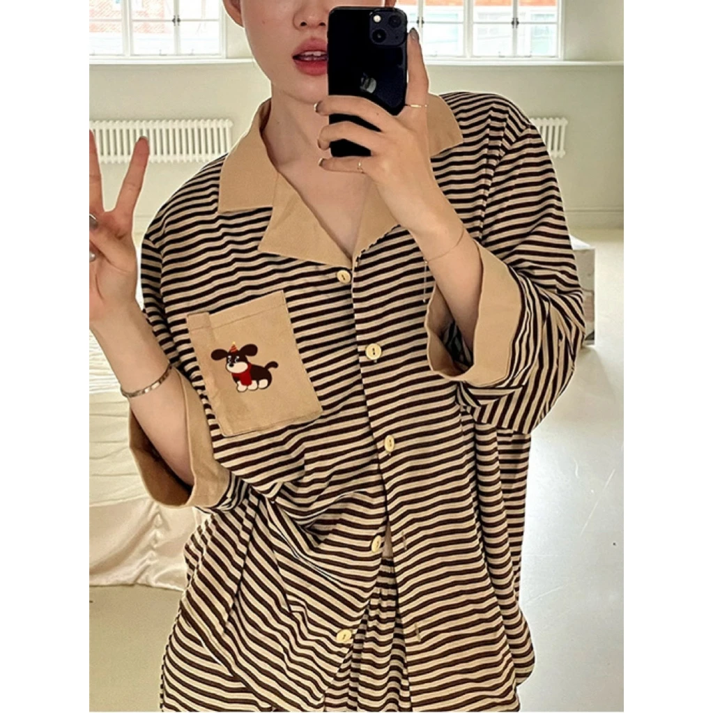 2025秋季新款纯棉睡衣卡通小狗长袖条纹可外穿舒适宽松家居服ins