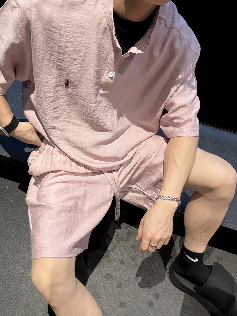 尚锋男装585夏季新品潮流时尚简约纯色系亚麻刺绣百搭Polo套装