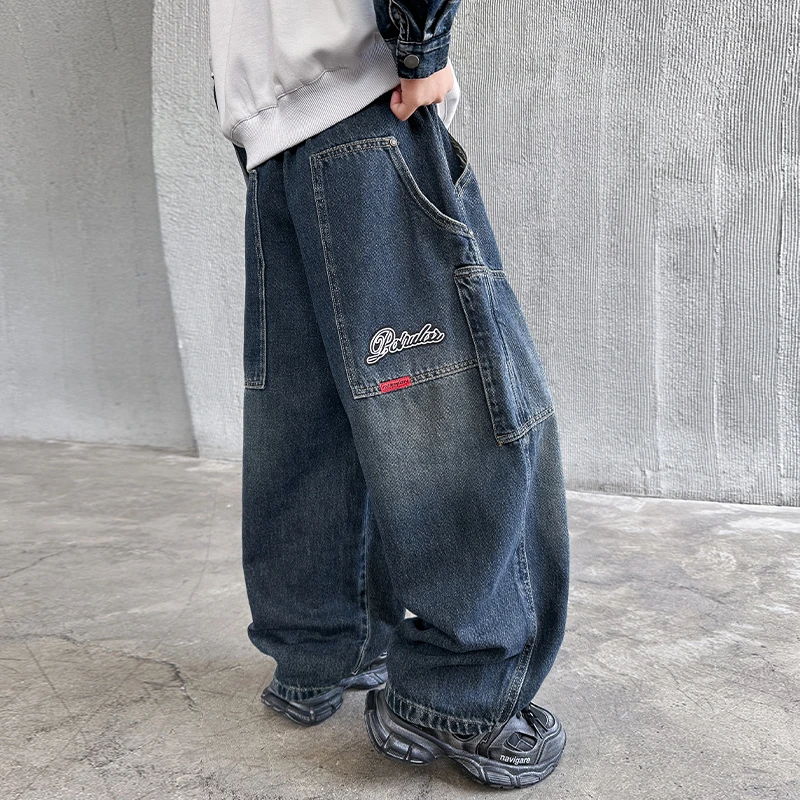 男童工装裤子春秋款2025新款儿童秋装直筒牛仔裤男孩长裤宽松炸街