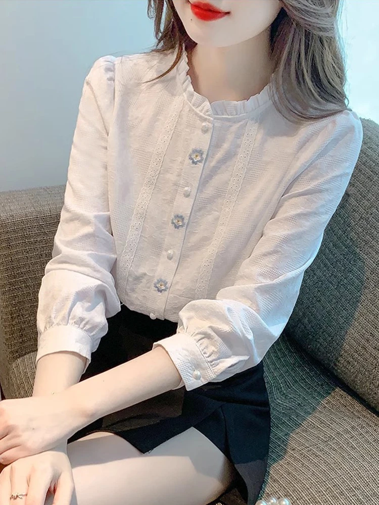 【退货运费全补】春秋装新款刺绣提花纯棉衬衫女洋气木耳领上衣百搭