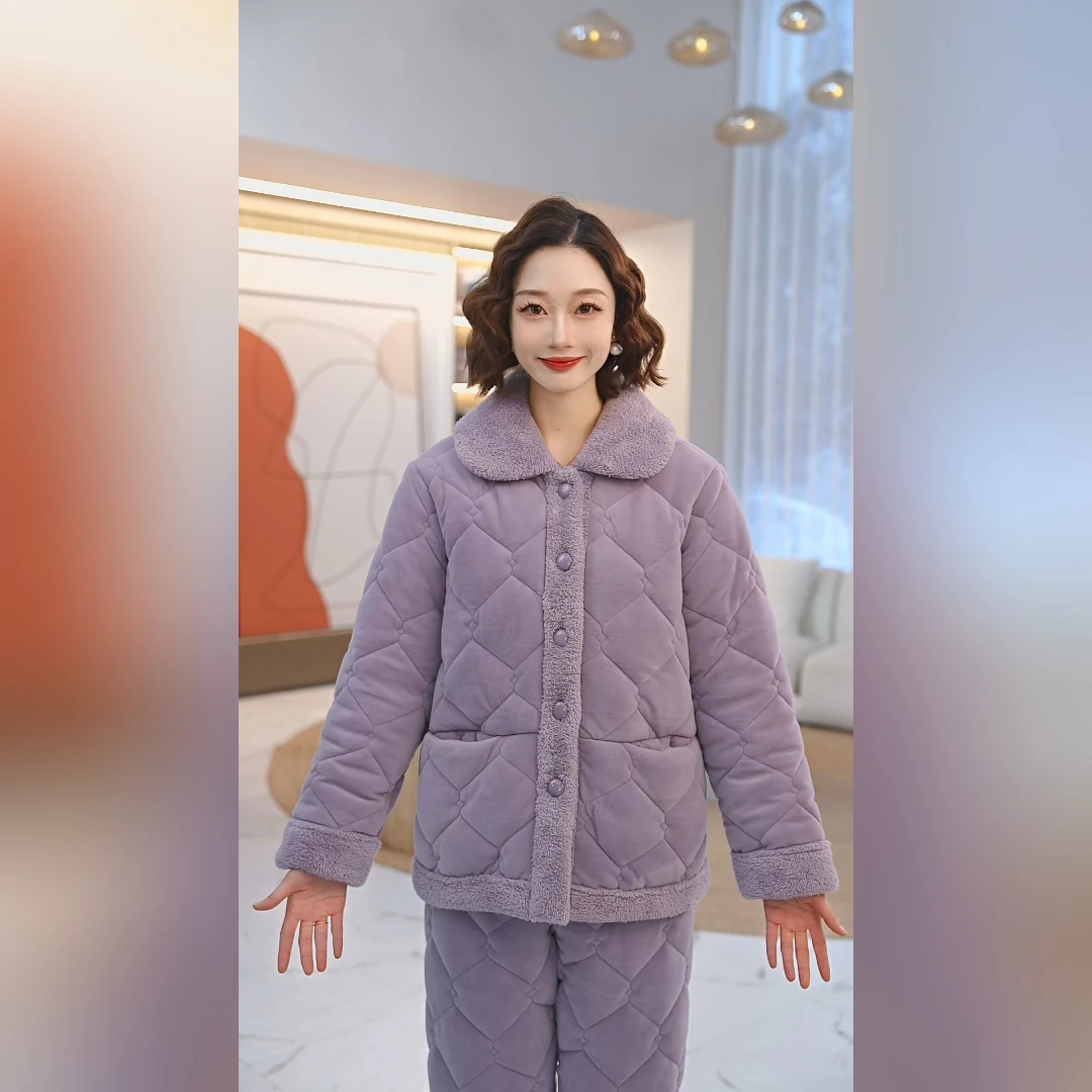 秋鹿澳毛绒三层夹棉翻领女套睡衣套装冬季家居服QHIO2650D