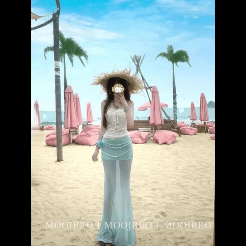 法式网纱蕾丝半身裙女夏季辣妹高级感修身高腰小个子蓝色包臀长裙