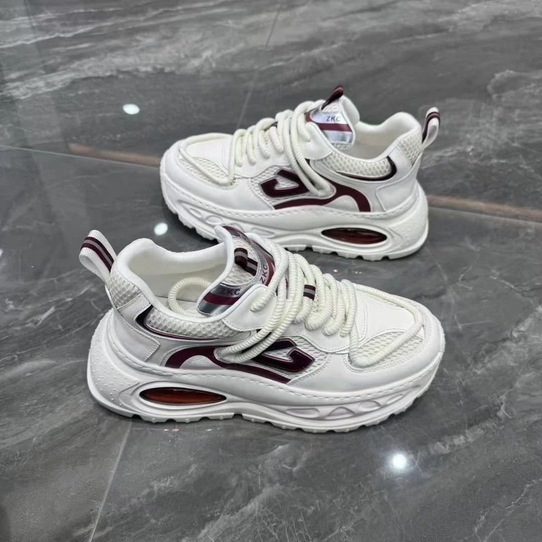 男鞋2025春夏新款潮流百搭气垫底增高网面真皮运动透气休闲老爹鞋