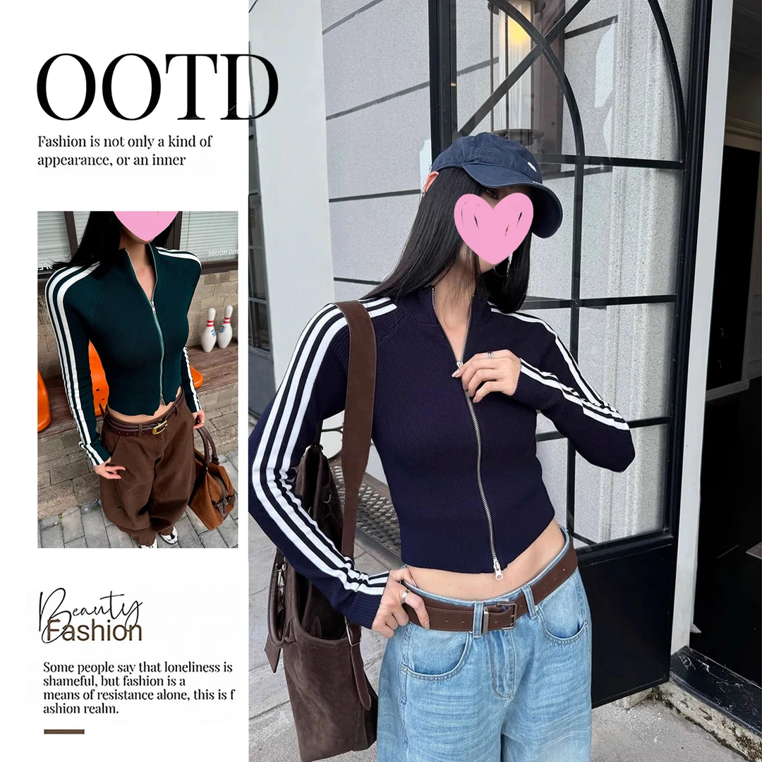 初秋季潮流新品三条杠针织修身外套女秋冬美式辣妹显瘦紧身上衣