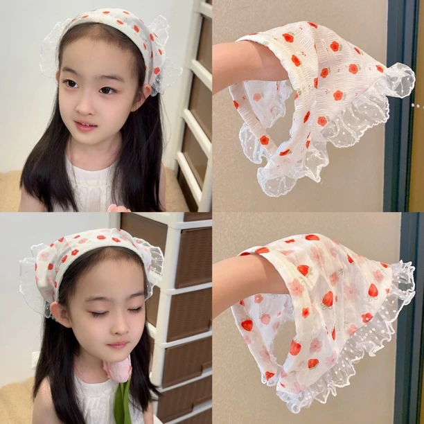 儿童发箍三角头巾甜美女童网纱草莓田园风宝宝头巾夏季拍照头饰