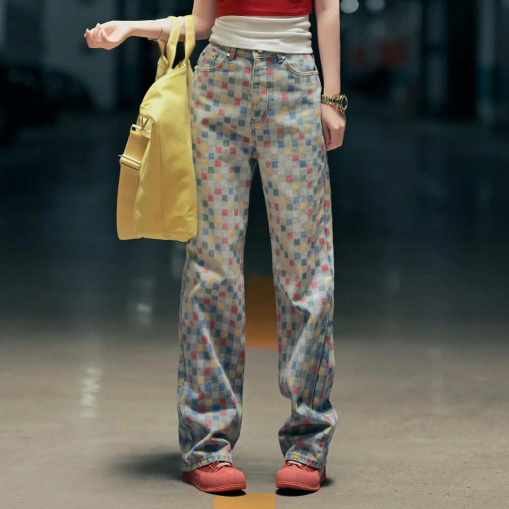 复古彩色棋盘格法式优雅老钱风山系游牧风多巴胺穿搭千金风牛仔裤