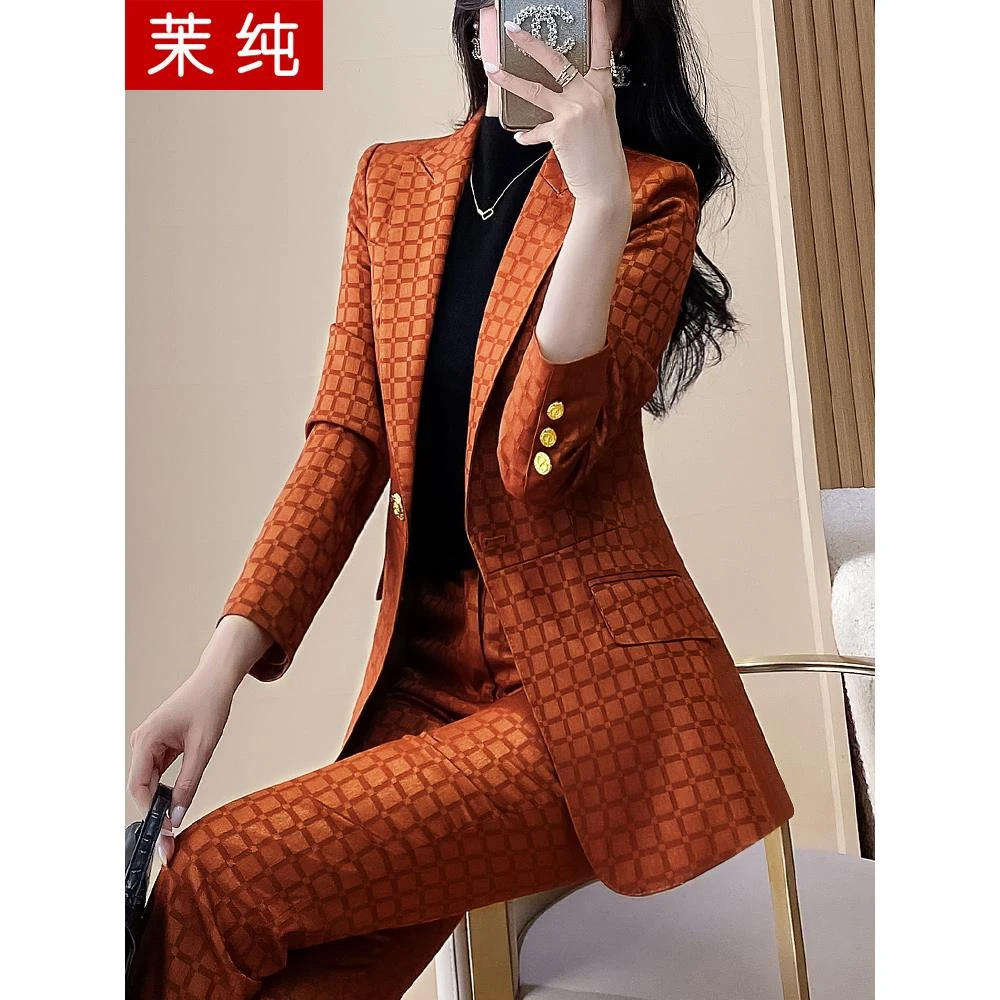时尚洋气女2025新款焦糖色千鸟格西装高级感高级感ol通勤职场正装