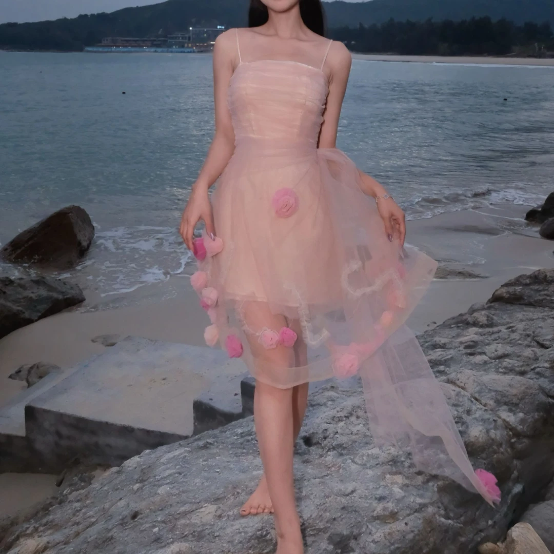 【王芯柔】SY8837新款小众轻奢吊带花朵少女感减龄收腰小礼服裙