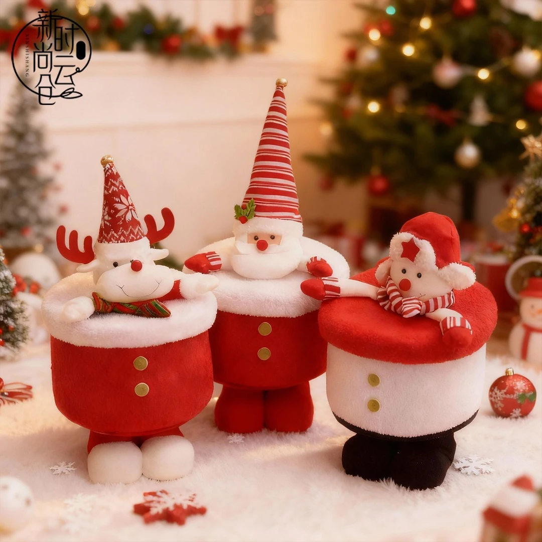 圣诞糖果零食收纳筐抱抱桶圣诞老人毛绒带盖圆盒花店花艺包装材料