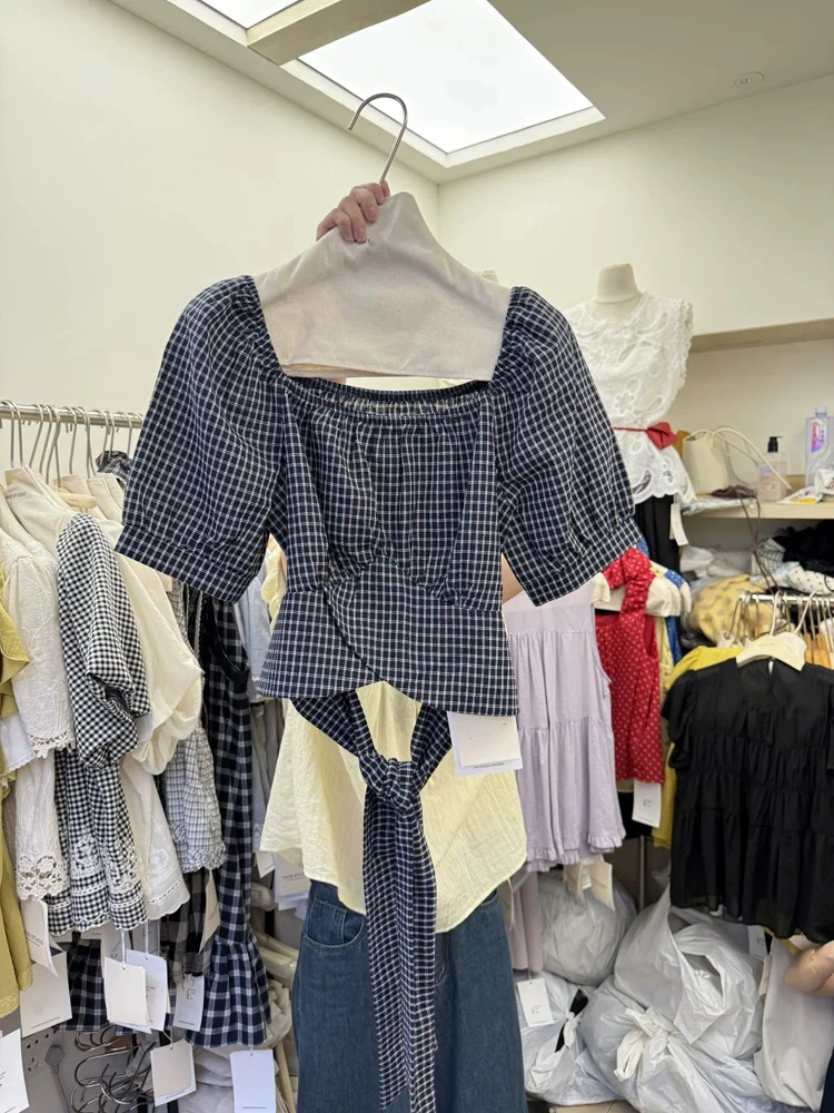 夏季韩版度假风新款碎花波点泡泡短袖修身辣妹绑带棉麻上衣