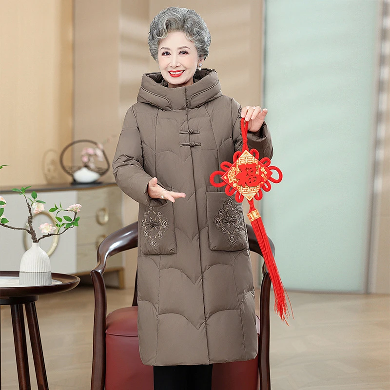 羽绒服女冬洋气妈妈装2025长款过膝加厚连帽中老年女装喜婆婆外套