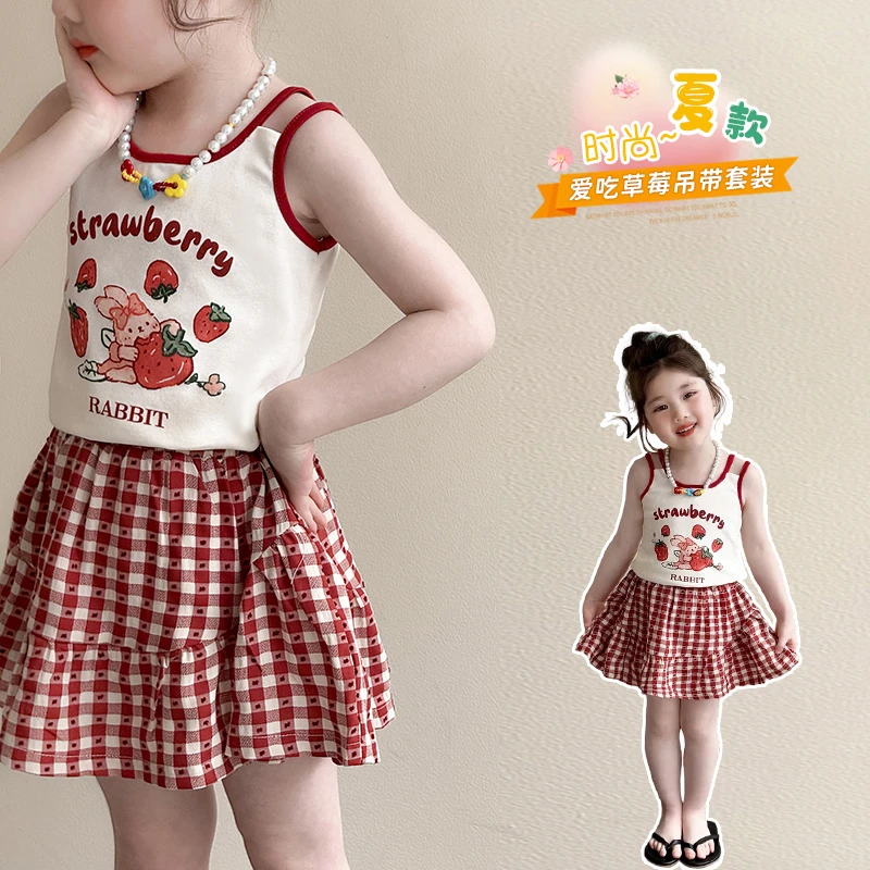 女童显白套装儿童夏季2025新款清凉吊带女孩洋气红白格短裙两件套