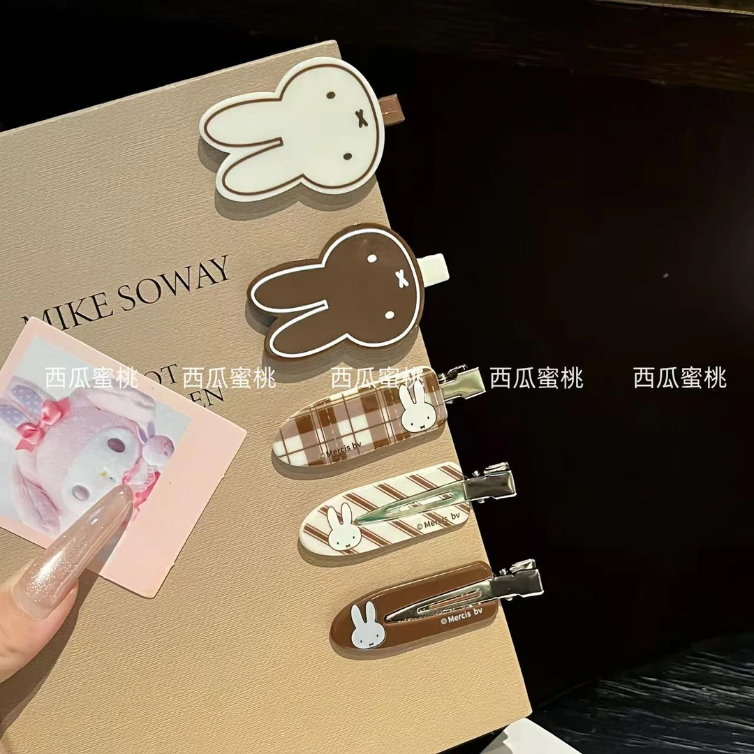 新款咖色系格纹米菲兔无痕夹甜美复古少女卡通碎发刘海夹简约发夹