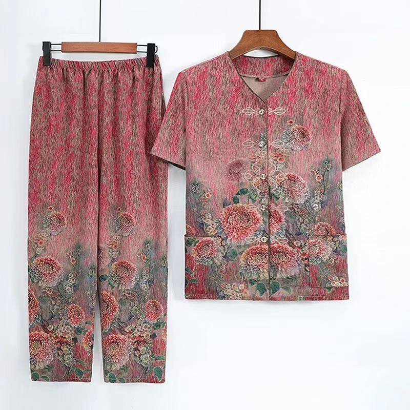 9142-老年人妈妈装夏装套装夏季宽松两件套开衫衣服装【F仓】