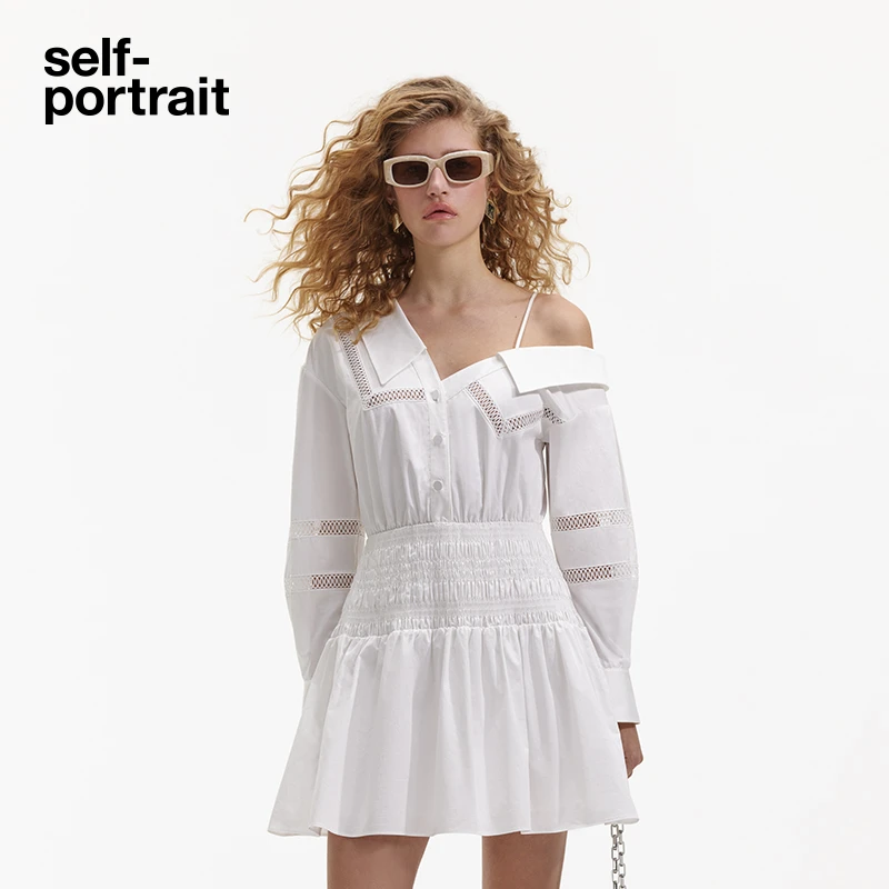 self-portrait 纯净白斜肩设计露肩衬衫连衣裙出游服装女