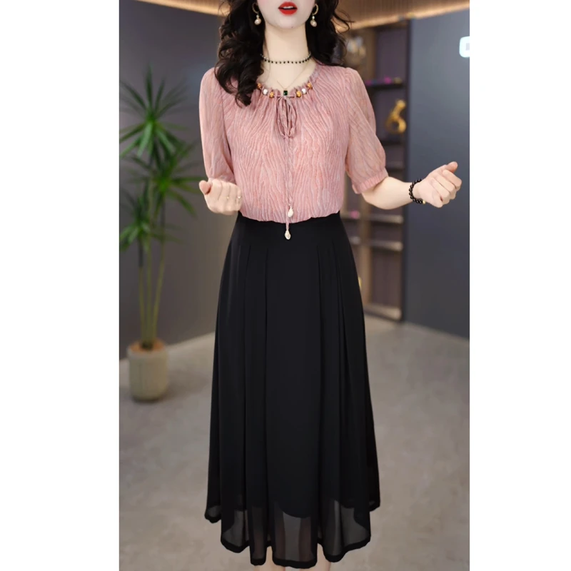 假两件独特漂亮连衣裙女2025年夏季新款妈妈装收腰显瘦中长款裙子