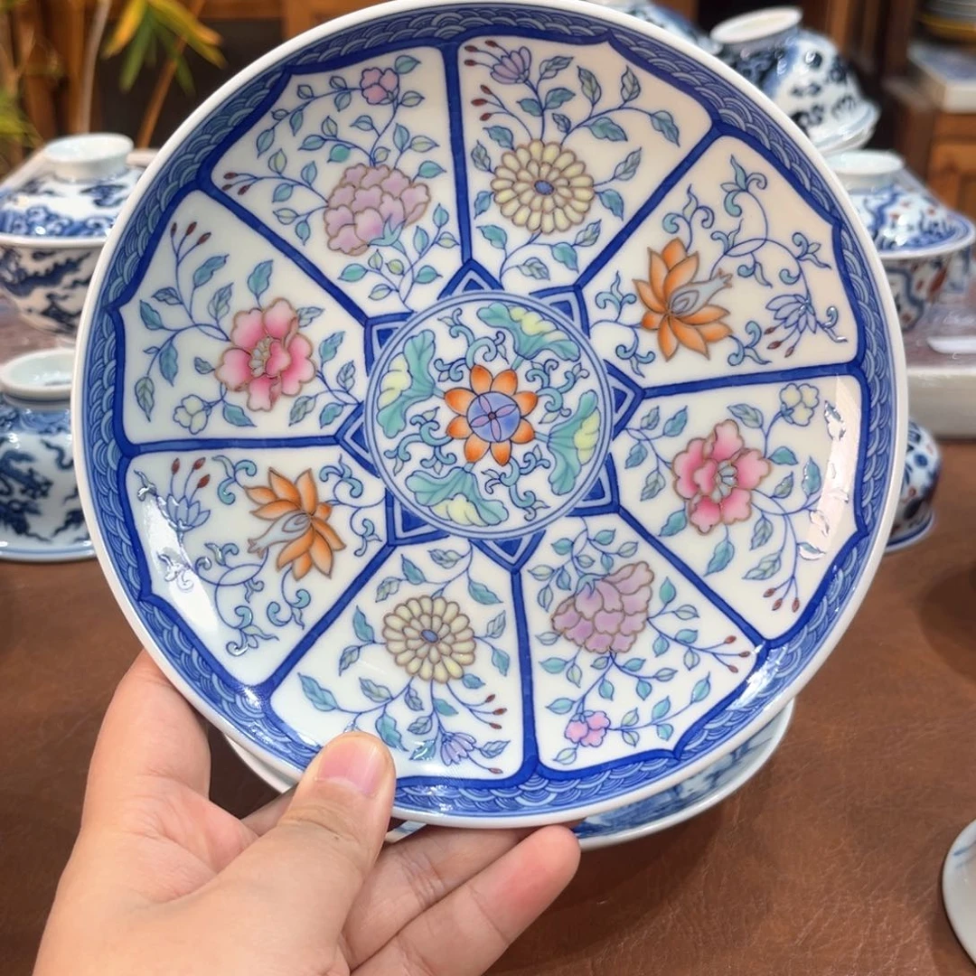 禅**味手工手绘柴窑青花斗彩开窗花卉壶承