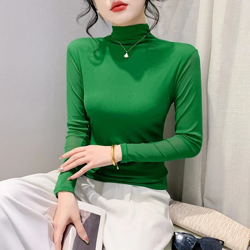 2025新款半高领网纱长袖t恤女纯色时尚修身打底衫潮9971