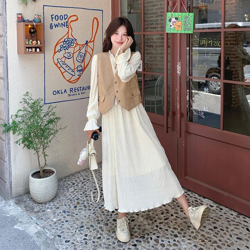 法式米白色马甲连衣裙套装女2025秋季新款超好看高级感茶歇两件套
