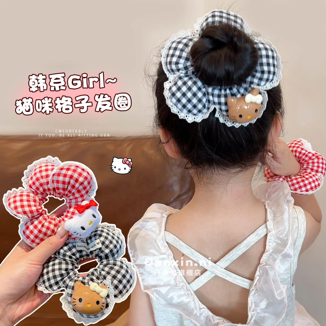 可爱kt波点格纹儿童大肠发圈女生丸子头立体花朵发绳女童新款头绳