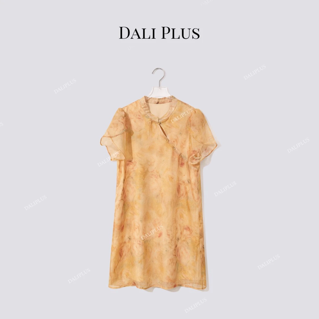 DALI PLUS“新中式恋夏风玫瑰晕染”立领斜襟连衣裙-D5MM2427