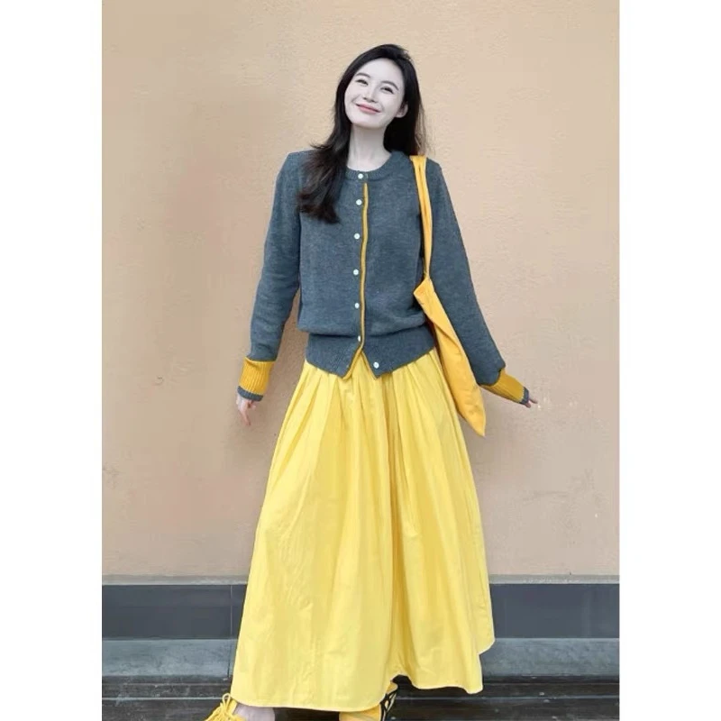 La Chapelle/拉夏贝尔早秋韩系穿搭撞色毛衣开衫半身裙两件套装