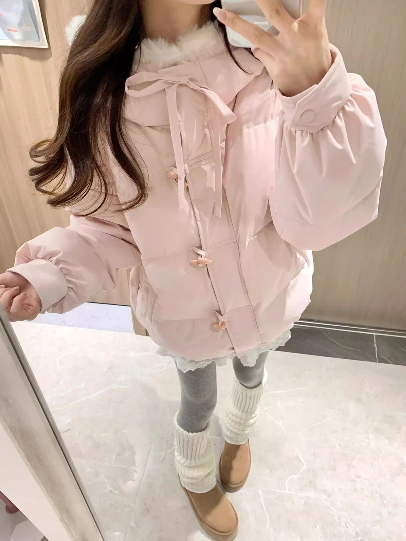 甜美风粉色牛角扣学生棉服棉袄女冬季宽松小个子加厚保暖连帽棉衣