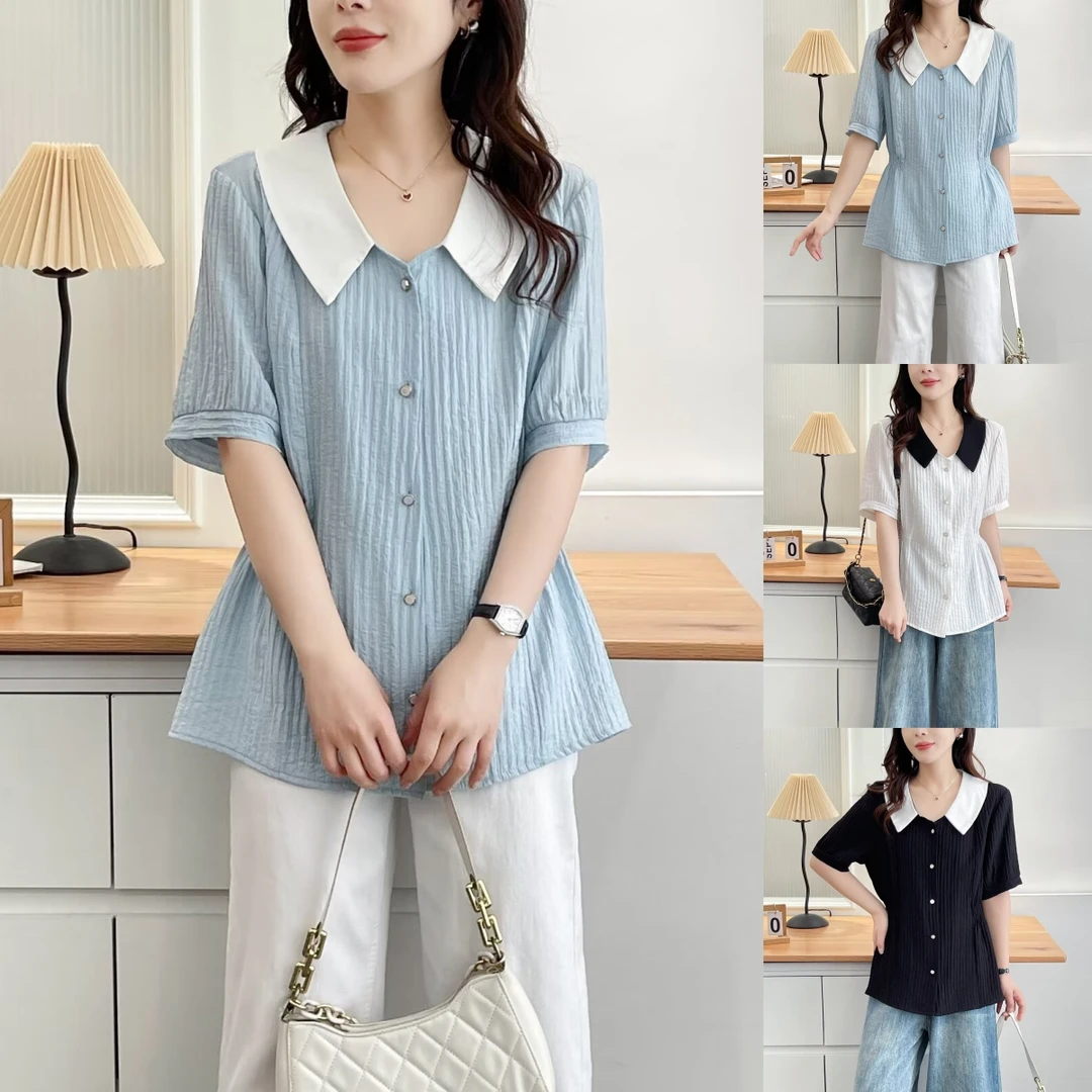 甜美减龄显瘦微胖mm加宽加大藏肉大码女装收腰短袖衬衫衬衣上衣