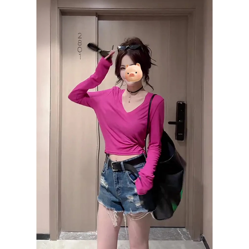 玫红色V领甜辣薄款冰丝防晒长袖T恤女夏季外搭修身短款空调衫上衣