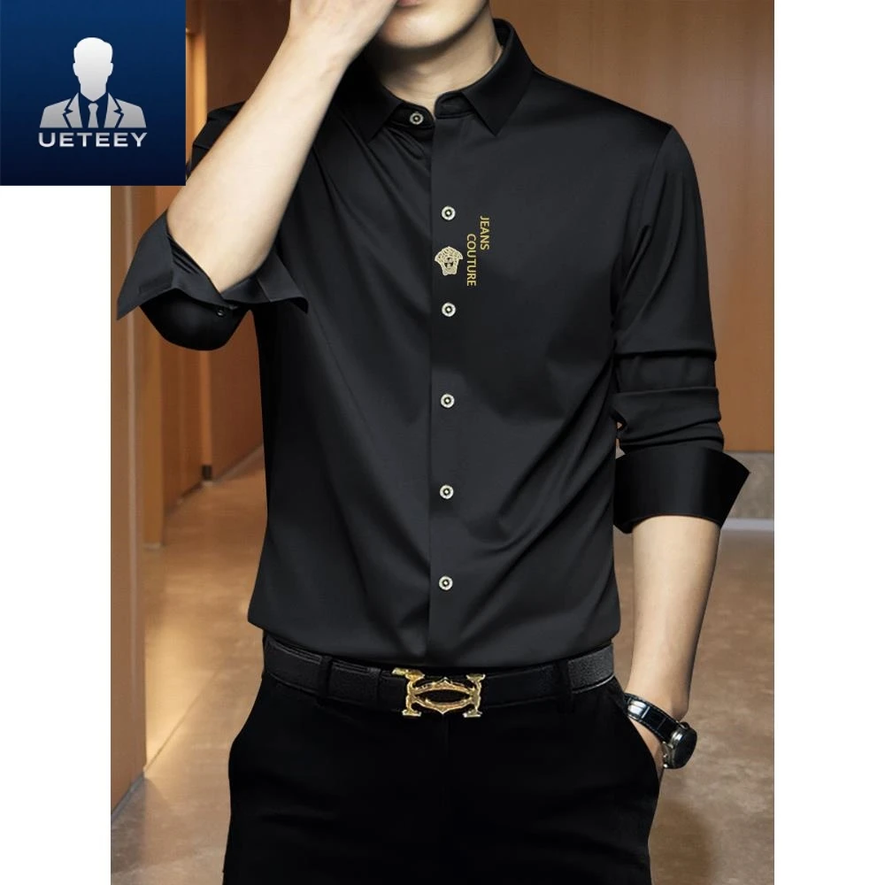 秋季潮牌痞帅薄款弹力修身衬衣免烫抗皱上衣休闲百搭男士长袖衬衫