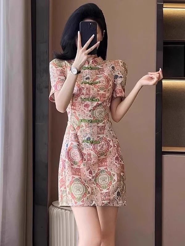 新中式国风粉色连衣裙女装夏季大码胖mm气质高级盘扣改良旗袍裙子