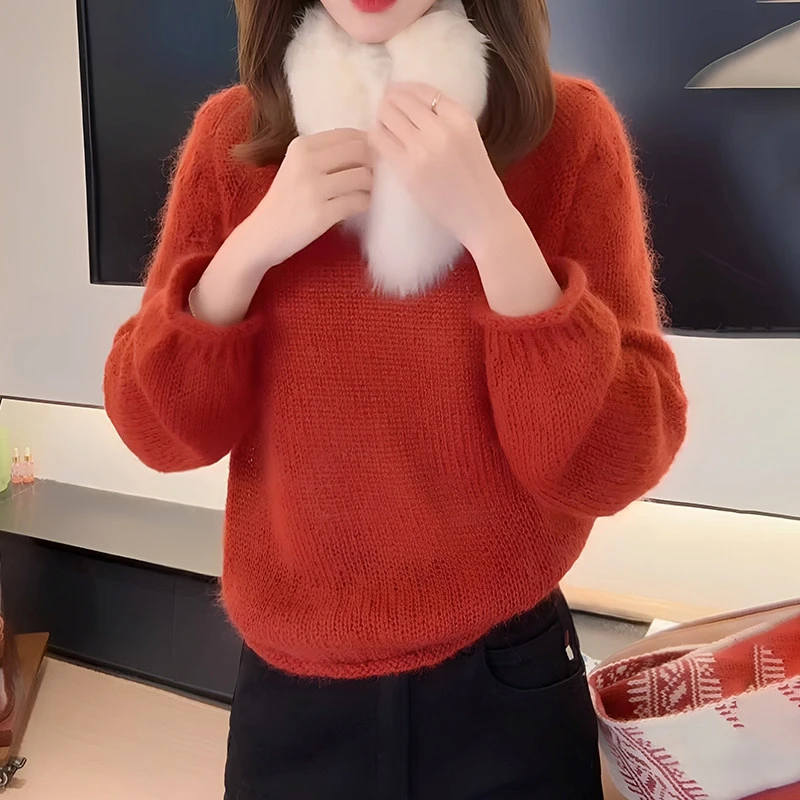 2025秋冬季新款女士洋气氛围感长袖毛针织衫气质慵懒加厚红色上衣