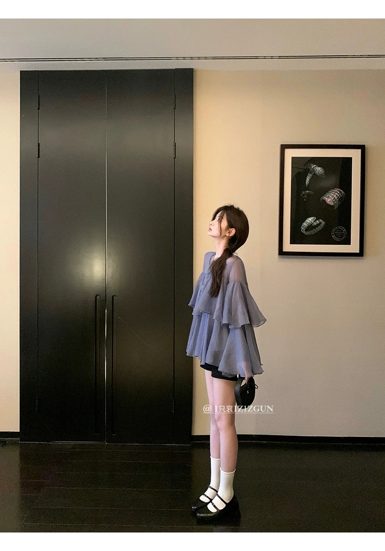 1只衮同款心动时刻温柔气质呼吸感荷叶边系带蛋糕雪纺衬衫防晒衣