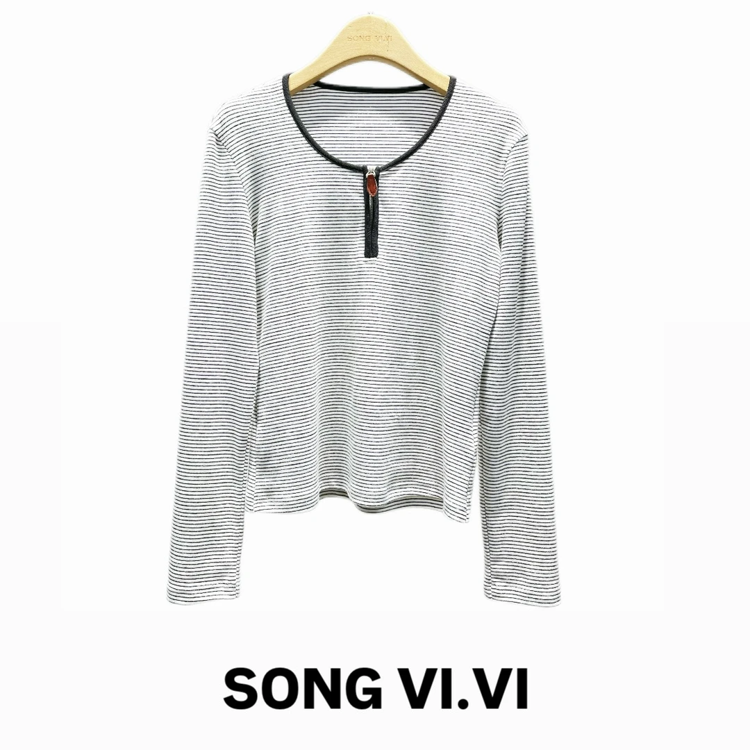 【拉链条纹】拼皮半开拉链长袖针织时尚休闲百搭宽松黑白设计师圆领