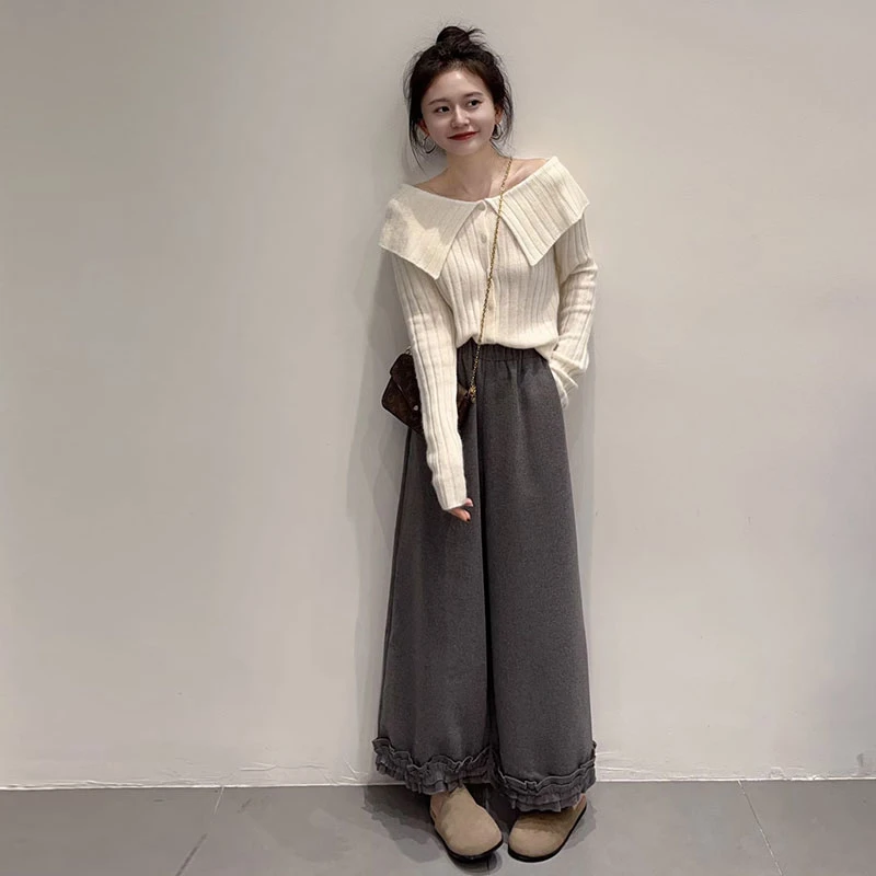 2025秋季新款韩系甜美翻领白色针织衫高腰显瘦木耳花边阔腿裤套装