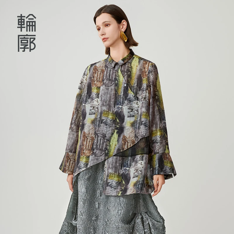 轮廓四美中式艺术衬衫L243Y006气质上衣宽松中式翻领百搭气质复古