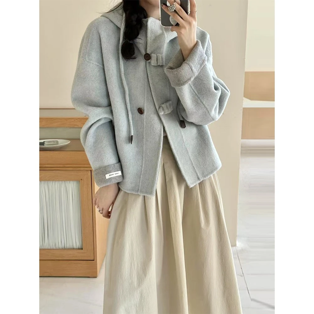 小个子短款宽松毛呢短外套秋冬上衣韩版设计感女装2025新款连帽薄