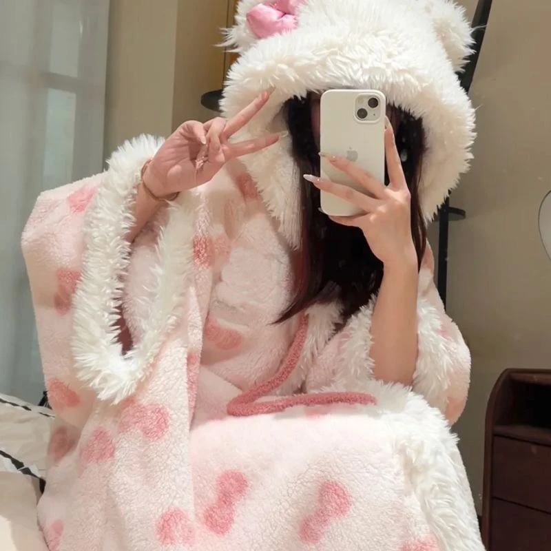 【暖暖宠粉】可爱凯蒂猫珊瑚睡袍女秋冬加绒加厚斗篷保暖睡衣套装