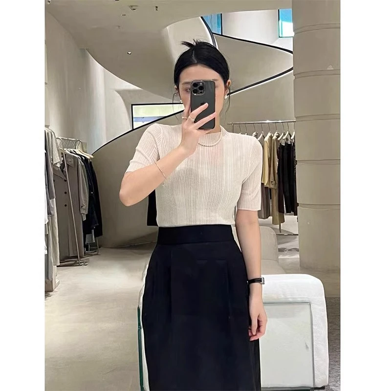 2025夏季新款时尚百搭短袖针织衫女修身显瘦气质百搭半高领上衣