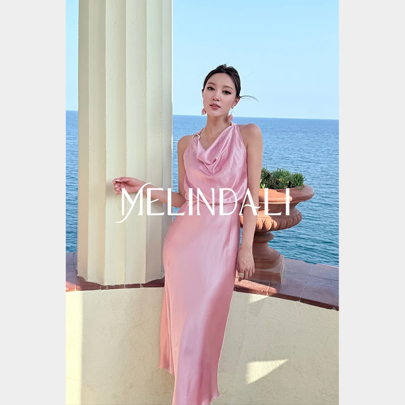 Melinda Li【丝锻玫瑰】光泽醋酸锻荡领气质收腰连衣裙多巴胺服装