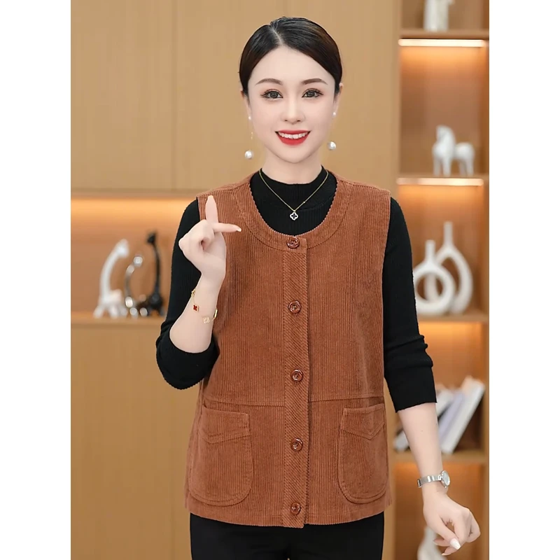 妈妈装春秋季灯芯绒马甲外穿宽松坎肩背心洋气纯棉抖音双11女马夹