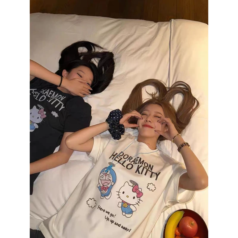 趣味卡通kitty猫叮当猫重磅纯棉短袖t恤女夏季上衣特大码女装胖mm