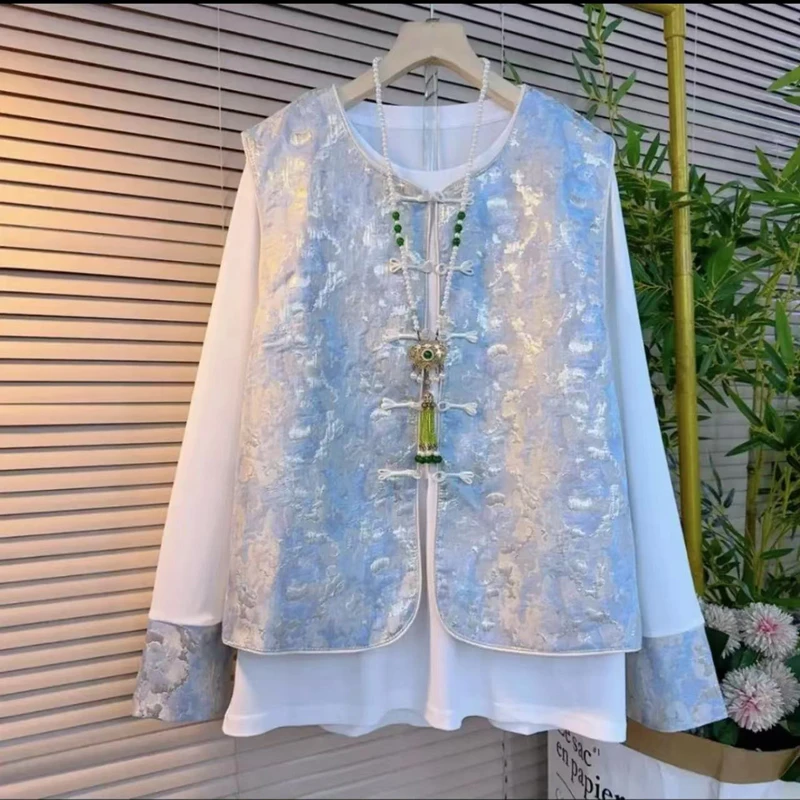 【WDP】春季新款新中式国风两件套烫金马甲打底衫套装女