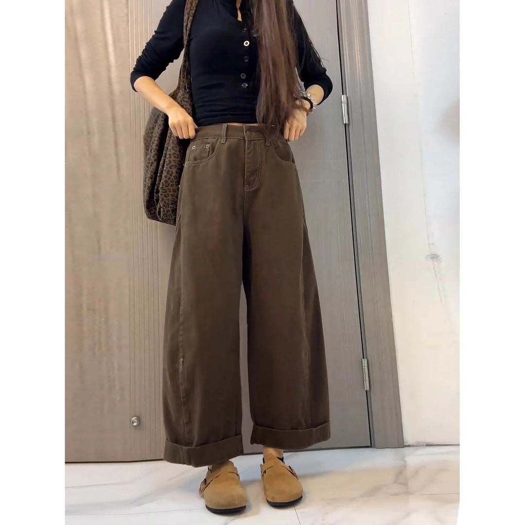 咖色阔腿牛仔裤女加绒加厚裤子梨型身材粗腿宽胯小个子宽松弯刀裤