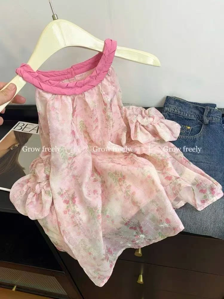 300斤粉色碎花圆领挂脖雪纺衬衫女夏露肩宽松减龄禅意上衣