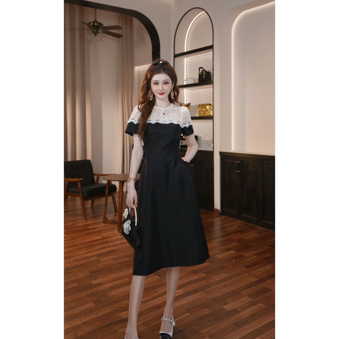 【晚晚定制】新款显瘦轻熟风拼接撞色气质短袖法式常规连衣裙21785