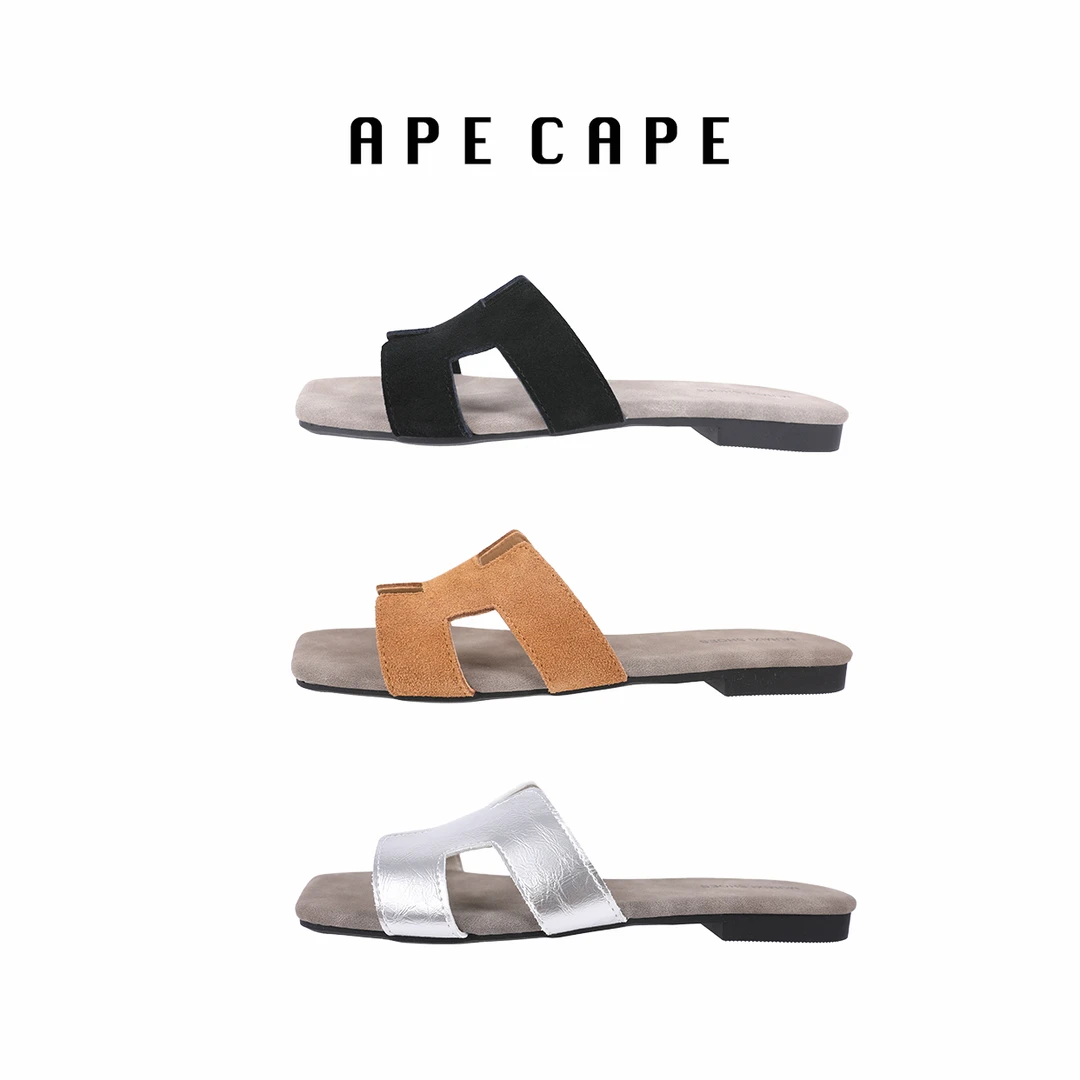 APE CAPE【H拖】方头真皮平底拖鞋女 夏季一字拖平底露趾沙滩拖鞋