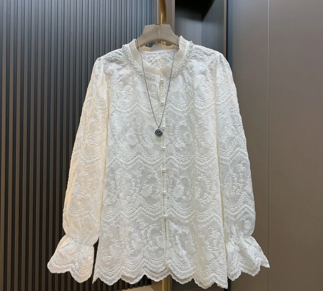 欧尚秋冬大码女装新款重工钉珠时尚刺绣宽松遮肉显瘦衬衫上衣