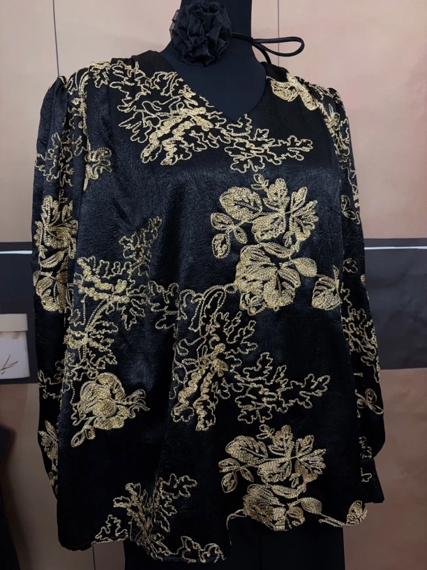 新中式复古印花衬衫女秋季新款高级感黑色宽松百搭国风立领衬衣潮