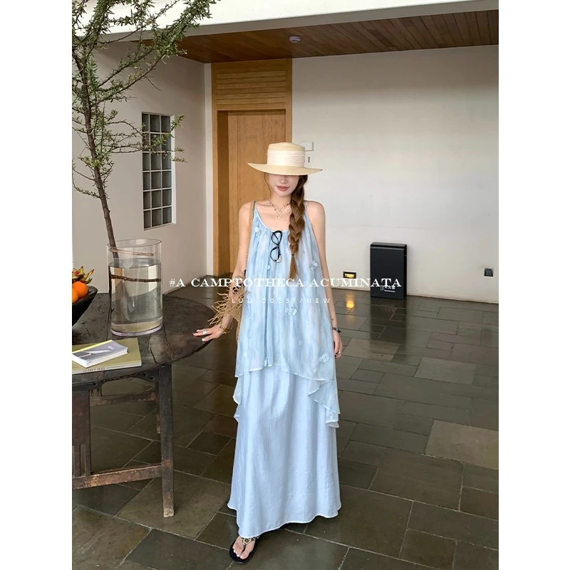 LUU桃喜儿/假两件吊带连衣裙女夏长款无袖背心裙宽松设计感裙子